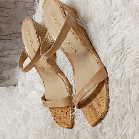 New Stuart Weitzman Aleena Nude Cork Wedge Square Toe Side Slip On Sandals 8B - Picture 5 of 16